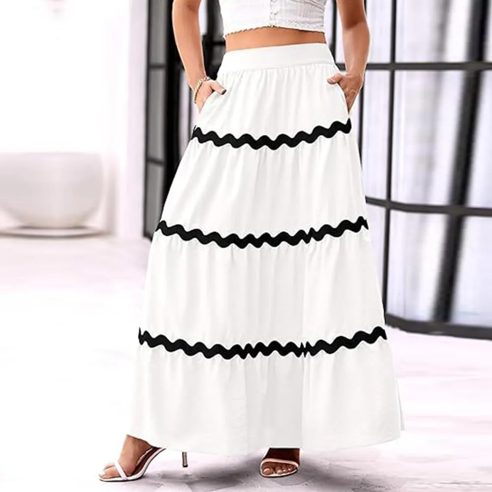 IDOPIP Women High Rise Rickrack Trim Maxi Skirt Casual Boho Tiered Long Skirt Elegant Beach Loose Flowy A-line Swing Skirt
