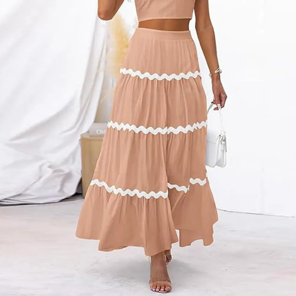 IDOPIP Women High Rise Rickrack Trim Maxi Skirt Casual Boho Tiered Long Skirt Elegant Beach Loose Flowy A-line Swing Skirt