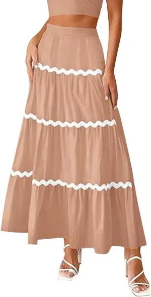 IDOPIP Women High Rise Rickrack Trim Maxi Skirt Casual Boho Tiered Long Skirt Elegant Beach Loose Flowy A-line Swing Skirt