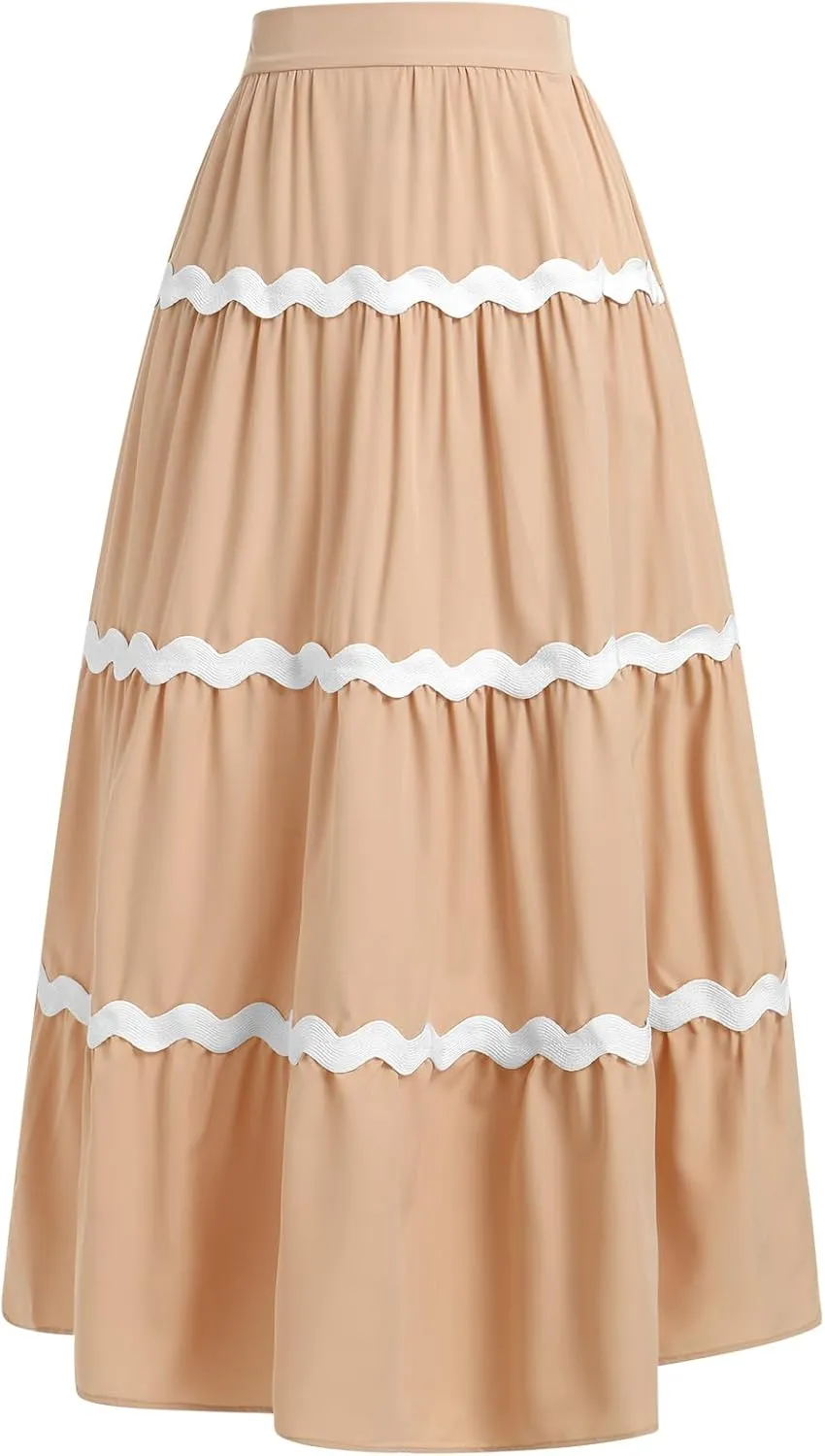 IDOPIP Women High Rise Rickrack Trim Maxi Skirt Casual Boho Tiered Long Skirt Elegant Beach Loose Flowy A-line Swing Skirt