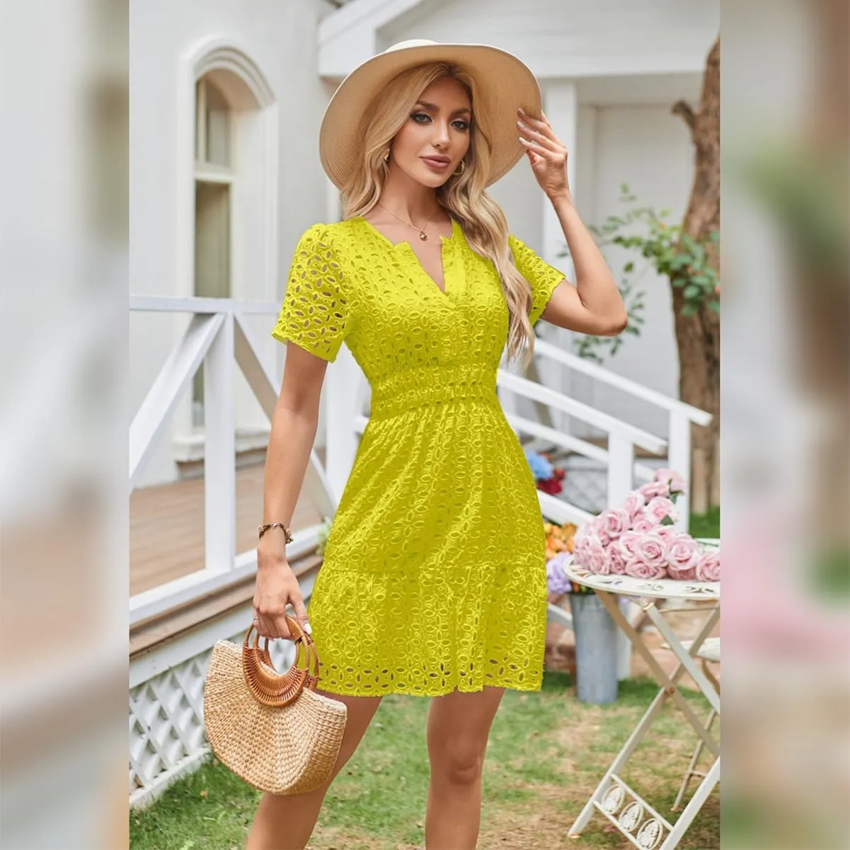 IDOPIP Women Short Sleeve Hollow Out Mini Dress Summer Casual Ruffle Dress A-line V Neck Sundress Beach Lace Vacation Dress
