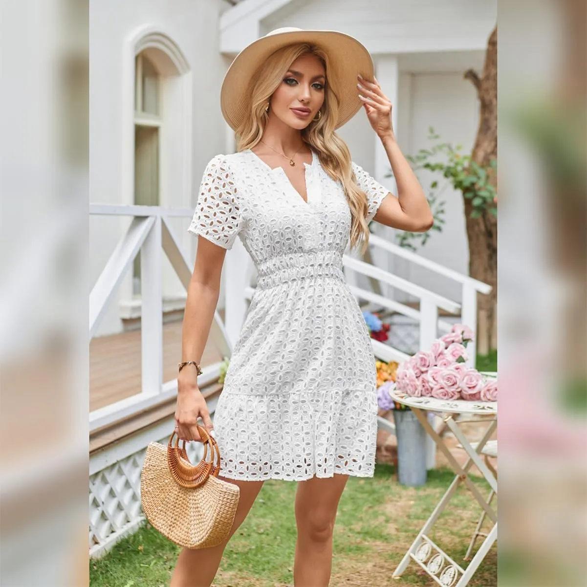 IDOPIP Women Short Sleeve Hollow Out Mini Dress Summer Casual Ruffle Dress A-line V Neck Sundress Beach Lace Vacation Dress