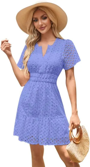 IDOPIP Women Short Sleeve Hollow Out Mini Dress Summer Casual Ruffle Dress A-line V Neck Sundress Beach Lace Vacation Dress