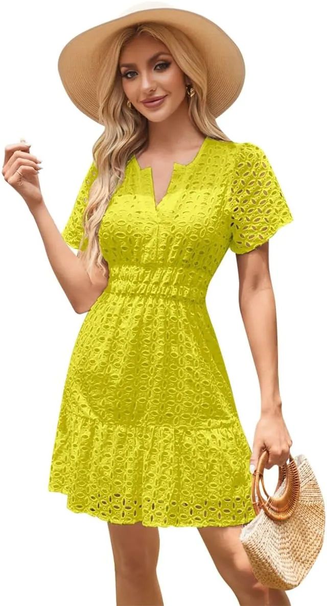 IDOPIP Women Short Sleeve Hollow Out Mini Dress Summer Casual Ruffle Dress A-line V Neck Sundress Beach Lace Vacation Dress