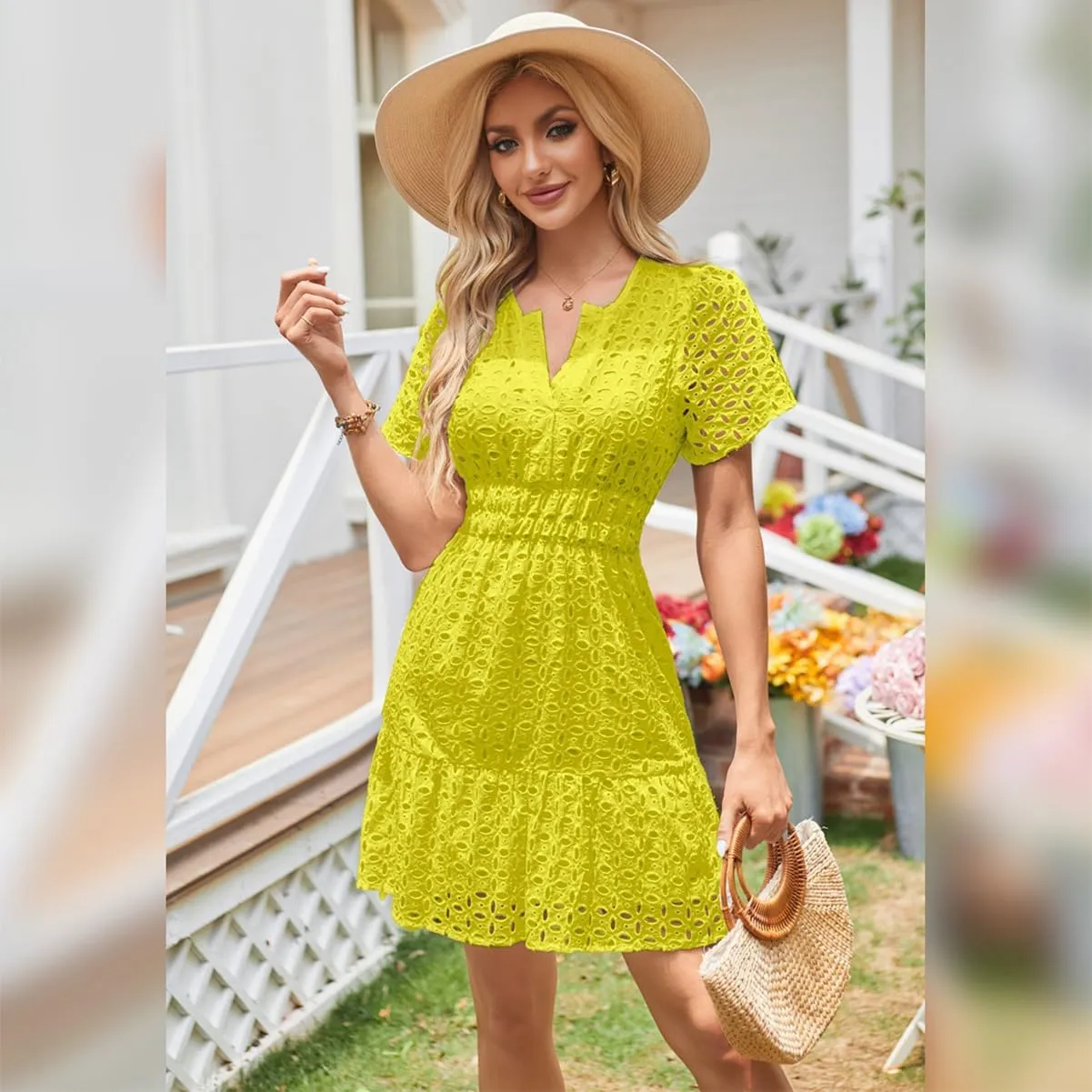 IDOPIP Women Short Sleeve Hollow Out Mini Dress Summer Casual Ruffle Dress A-line V Neck Sundress Beach Lace Vacation Dress