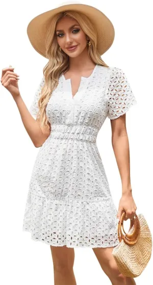 IDOPIP Women Short Sleeve Hollow Out Mini Dress Summer Casual Ruffle Dress A-line V Neck Sundress Beach Lace Vacation Dress