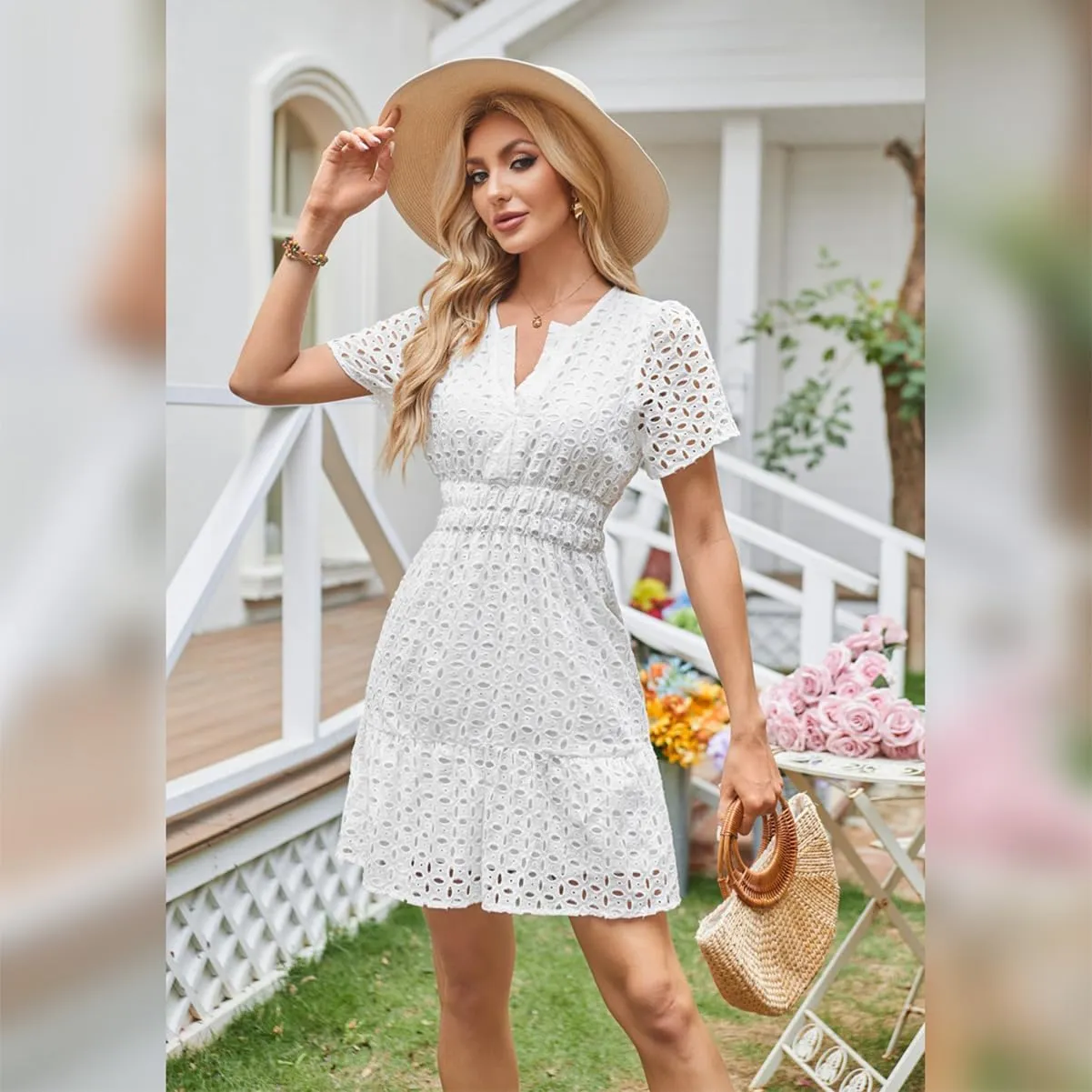 IDOPIP Women Short Sleeve Hollow Out Mini Dress Summer Casual Ruffle Dress A-line V Neck Sundress Beach Lace Vacation Dress