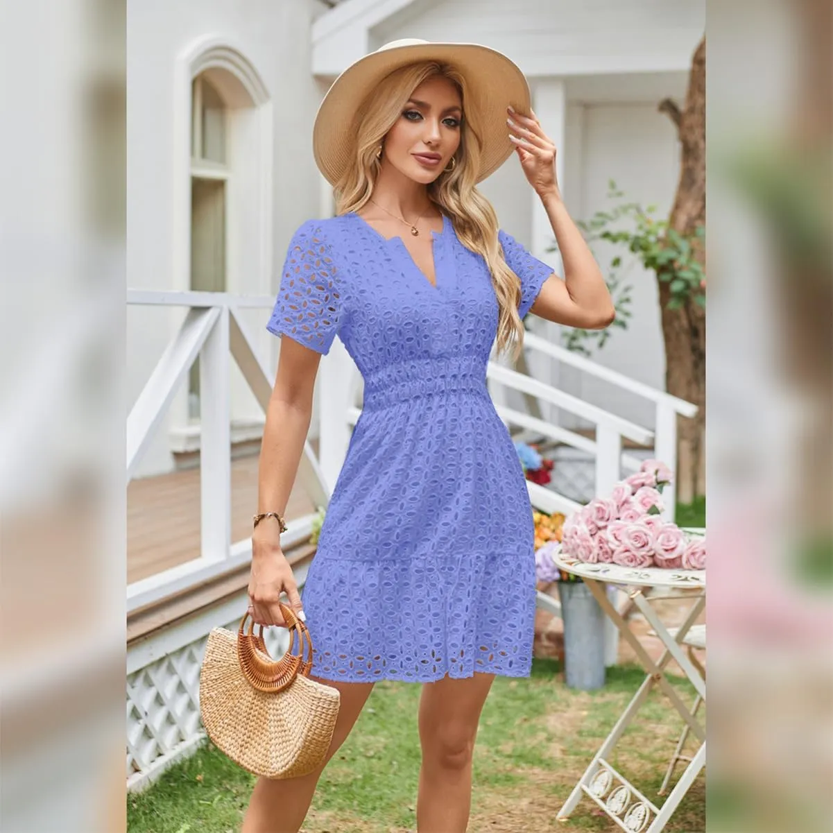 IDOPIP Women Short Sleeve Hollow Out Mini Dress Summer Casual Ruffle Dress A-line V Neck Sundress Beach Lace Vacation Dress