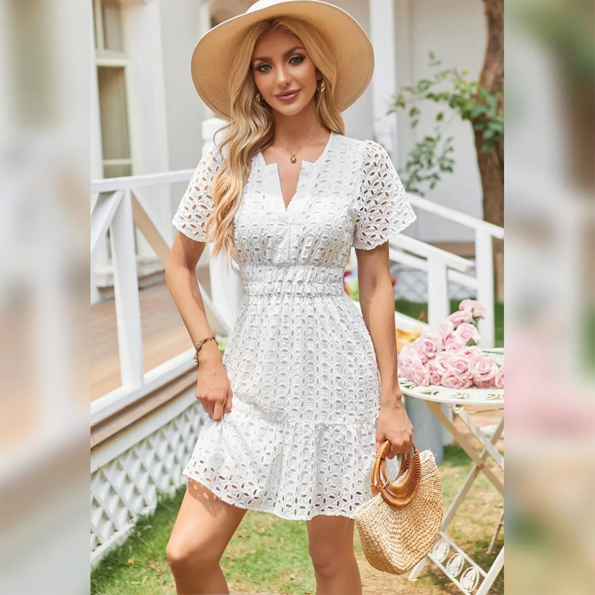 IDOPIP Women Short Sleeve Hollow Out Mini Dress Summer Casual Ruffle Dress A-line V Neck Sundress Beach Lace Vacation Dress
