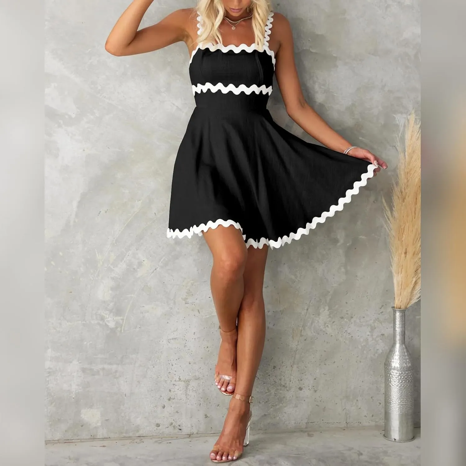 IDOPIP Women Summer Boho Mini Dress Smocked Empire Waist Rickrack Trim Flowy Sundress Spaghetti Straps A-Line Swing Dress
