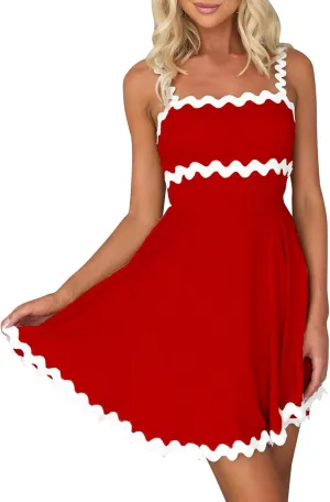 IDOPIP Women Summer Boho Mini Dress Smocked Empire Waist Rickrack Trim Flowy Sundress Spaghetti Straps A-Line Swing Dress