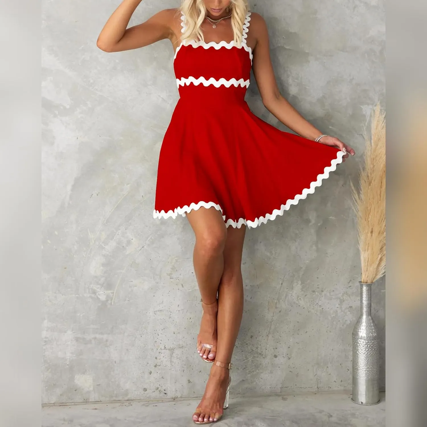 IDOPIP Women Summer Boho Mini Dress Smocked Empire Waist Rickrack Trim Flowy Sundress Spaghetti Straps A-Line Swing Dress