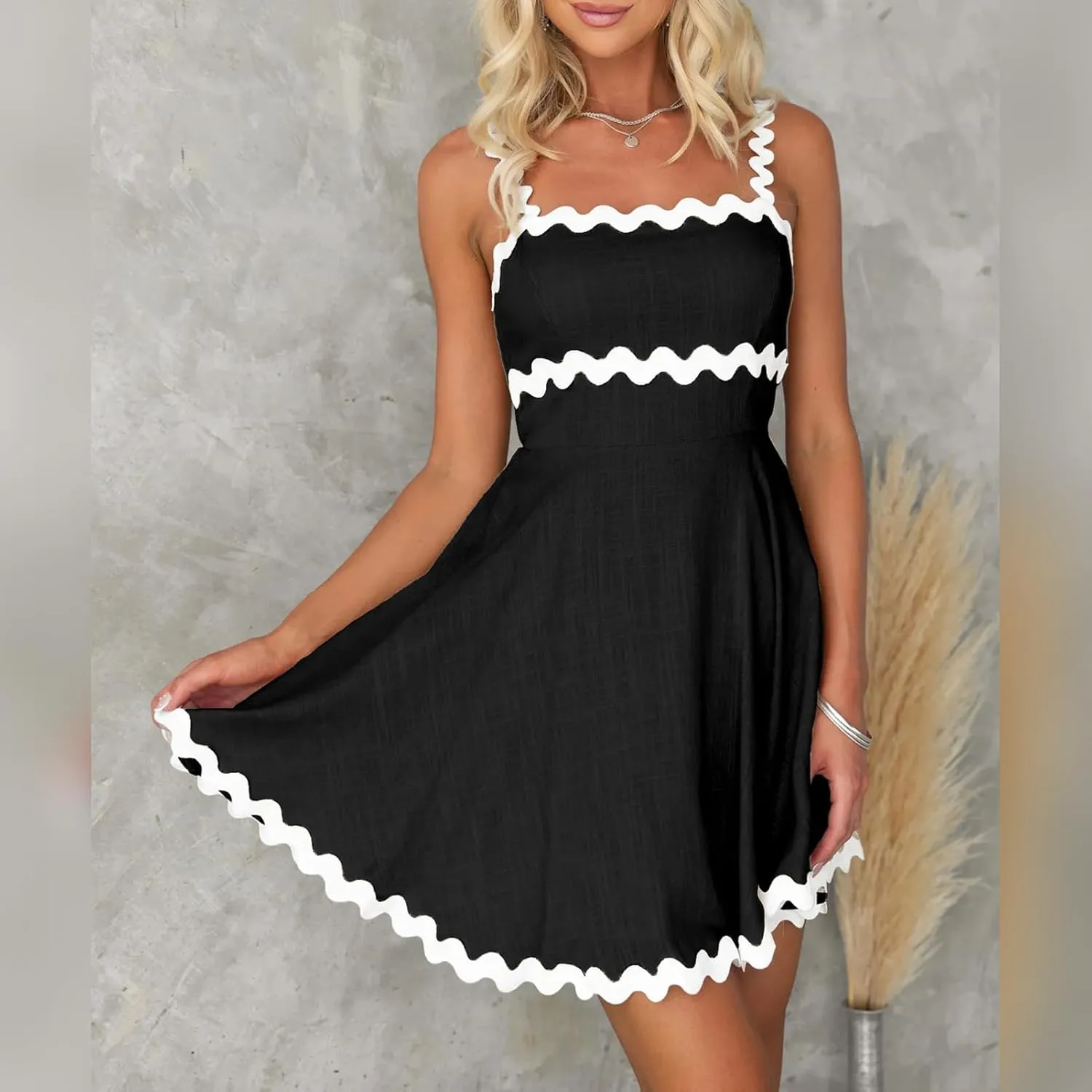 IDOPIP Women Summer Boho Mini Dress Smocked Empire Waist Rickrack Trim Flowy Sundress Spaghetti Straps A-Line Swing Dress
