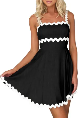 IDOPIP Women Summer Boho Mini Dress Smocked Empire Waist Rickrack Trim Flowy Sundress Spaghetti Straps A-Line Swing Dress