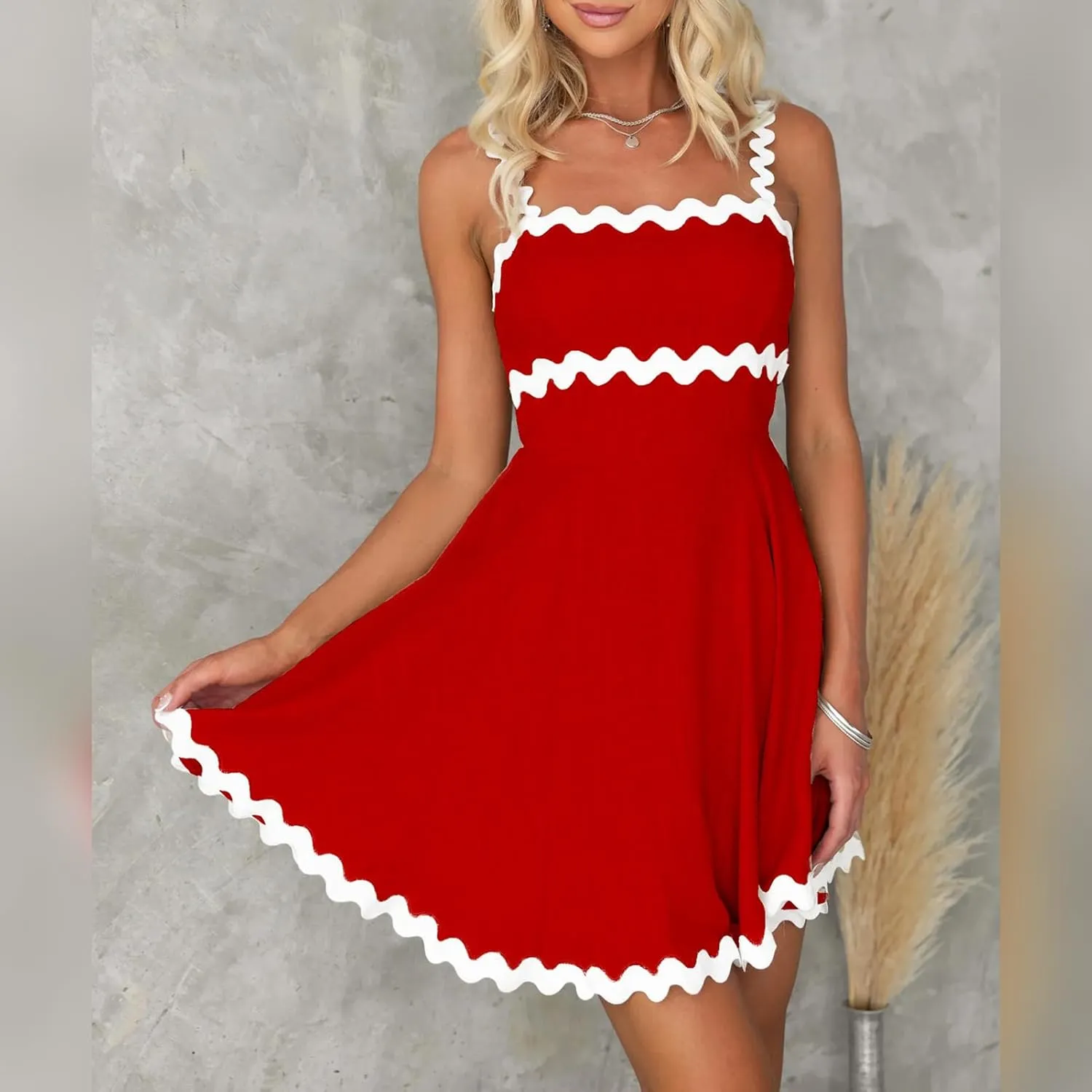 IDOPIP Women Summer Boho Mini Dress Smocked Empire Waist Rickrack Trim Flowy Sundress Spaghetti Straps A-Line Swing Dress