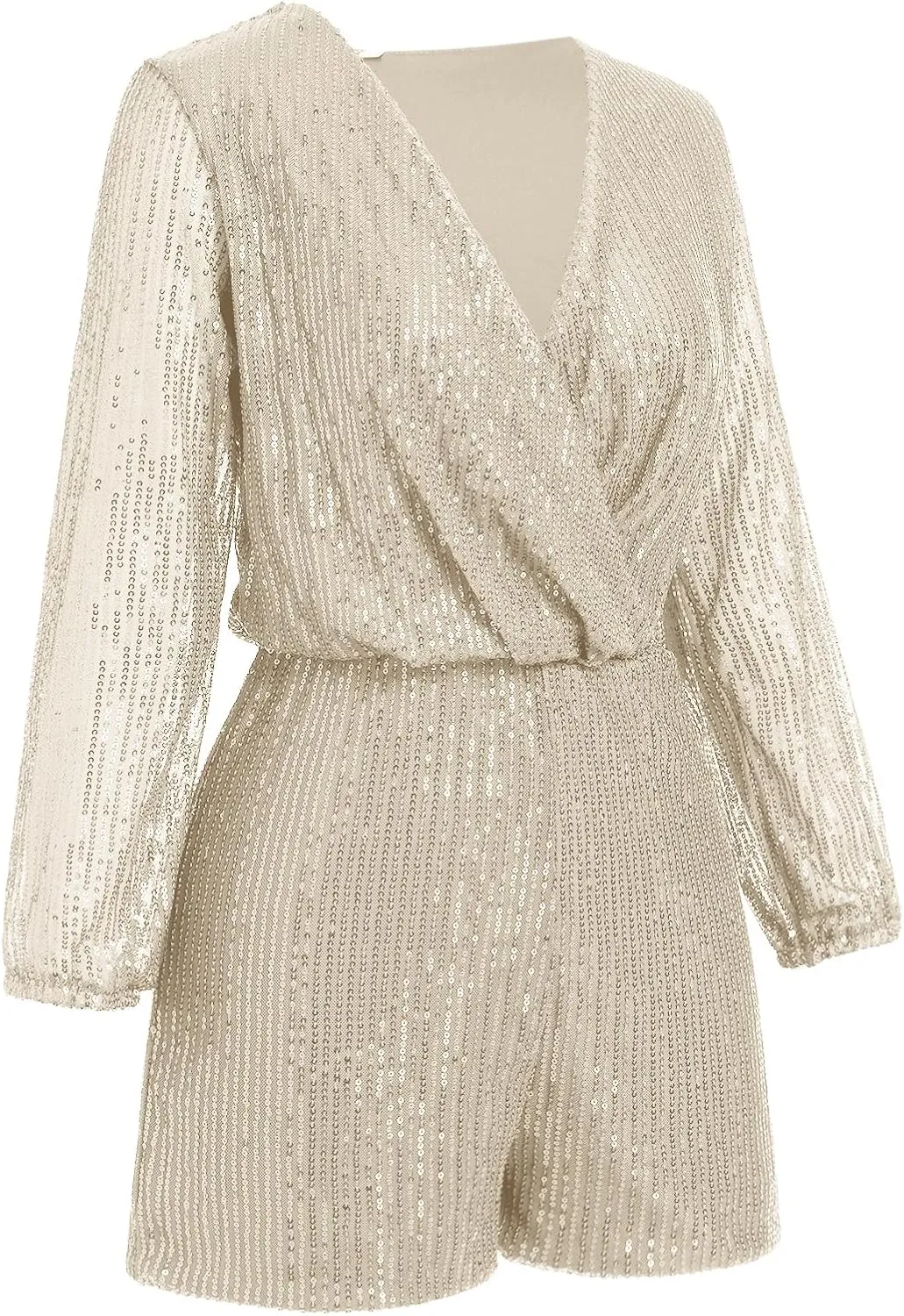 IDOPIP Women V Neck Sparkly Sequin Romper Club Party Long Sleeve Shorts Jumpsuit Glitters Ruffle One Piece Shinny Outfit