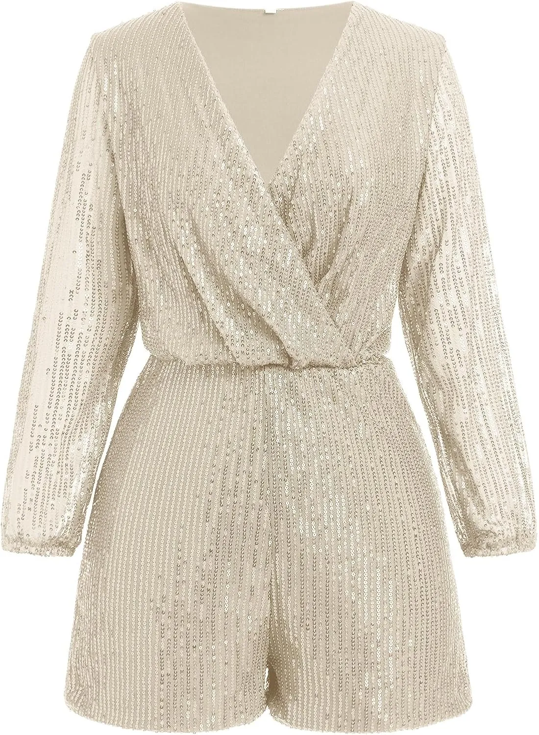 IDOPIP Women V Neck Sparkly Sequin Romper Club Party Long Sleeve Shorts Jumpsuit Glitters Ruffle One Piece Shinny Outfit