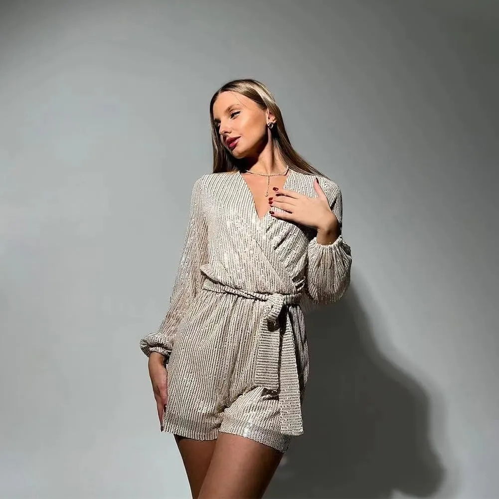 IDOPIP Women V Neck Sparkly Sequin Romper Club Party Long Sleeve Shorts Jumpsuit Glitters Ruffle One Piece Shinny Outfit