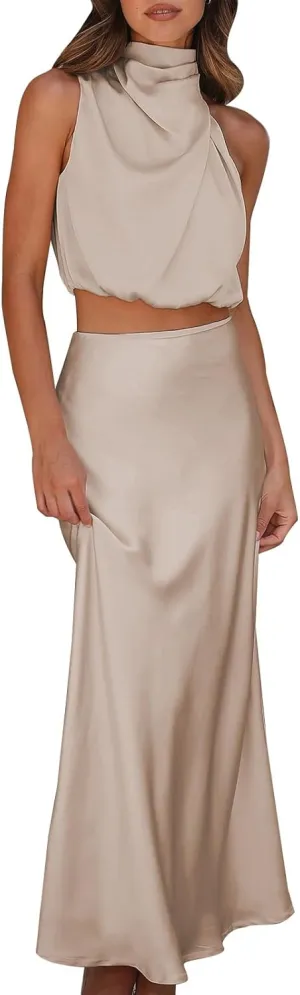 IDOPIP Womens Satin Top Long Skirt Dress Sets 2PCS Formal Cocktail Party Outfit Elegant Evening Prom Wedding Bridesmaid Gown