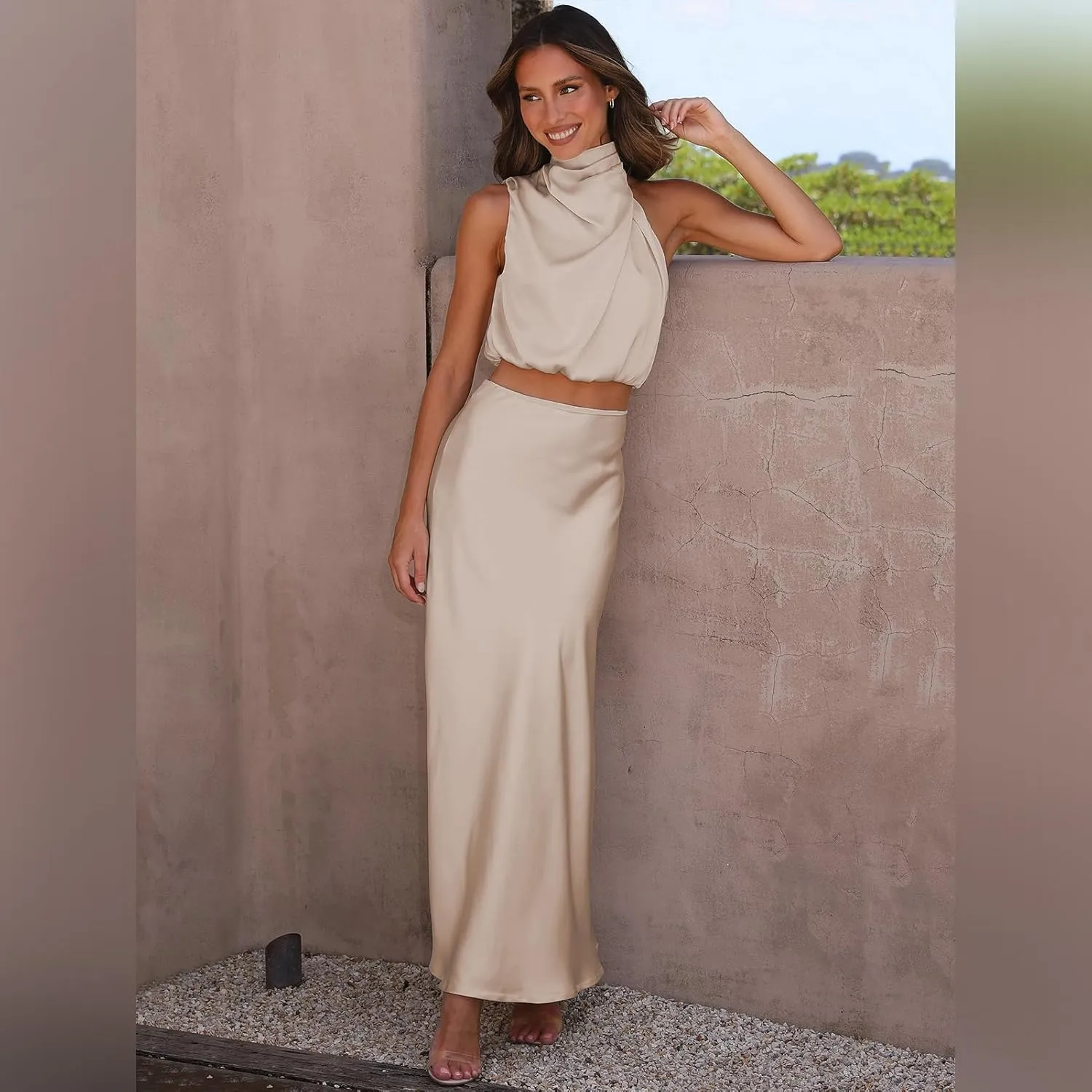 IDOPIP Womens Satin Top Long Skirt Dress Sets 2PCS Formal Cocktail Party Outfit Elegant Evening Prom Wedding Bridesmaid Gown