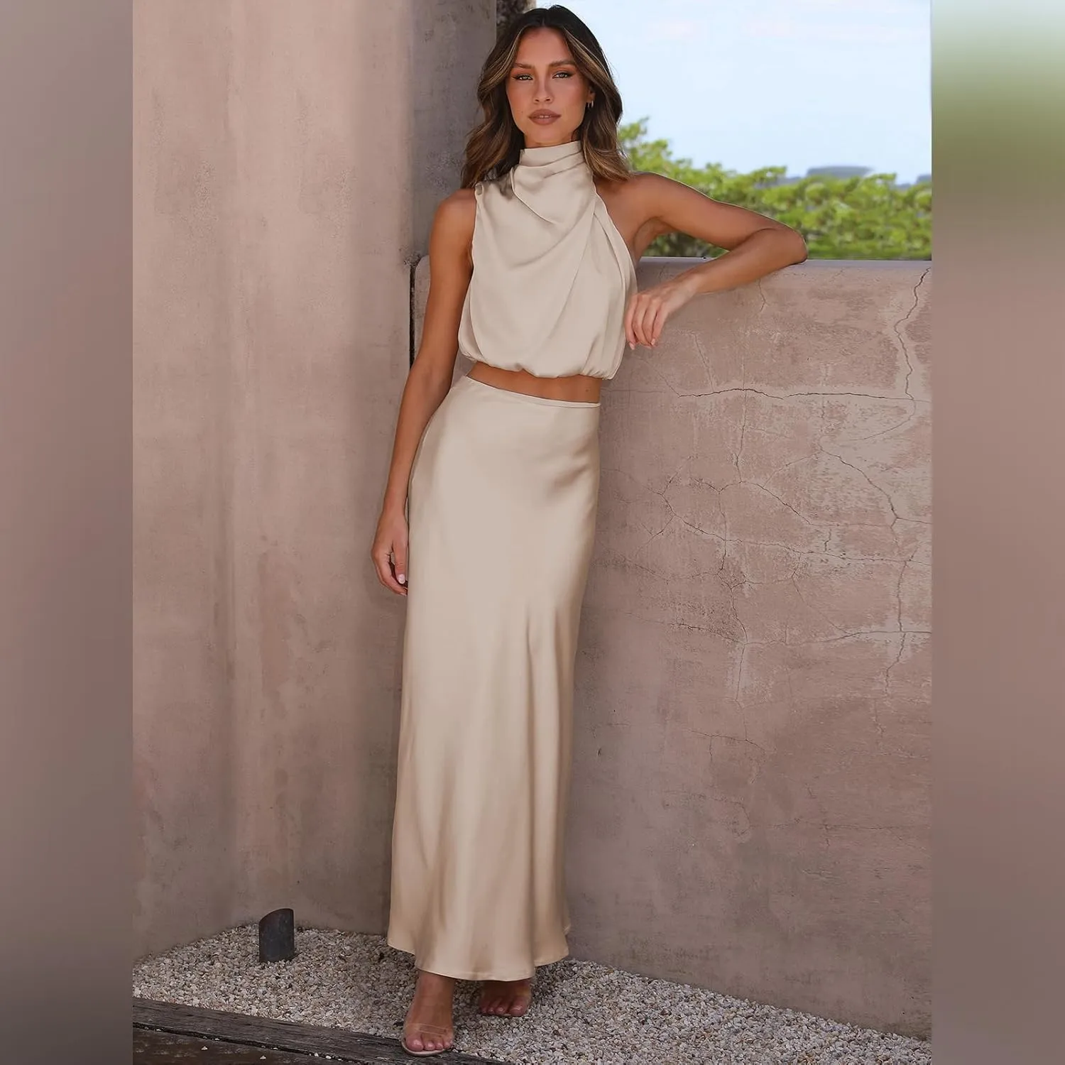 IDOPIP Womens Satin Top Long Skirt Dress Sets 2PCS Formal Cocktail Party Outfit Elegant Evening Prom Wedding Bridesmaid Gown
