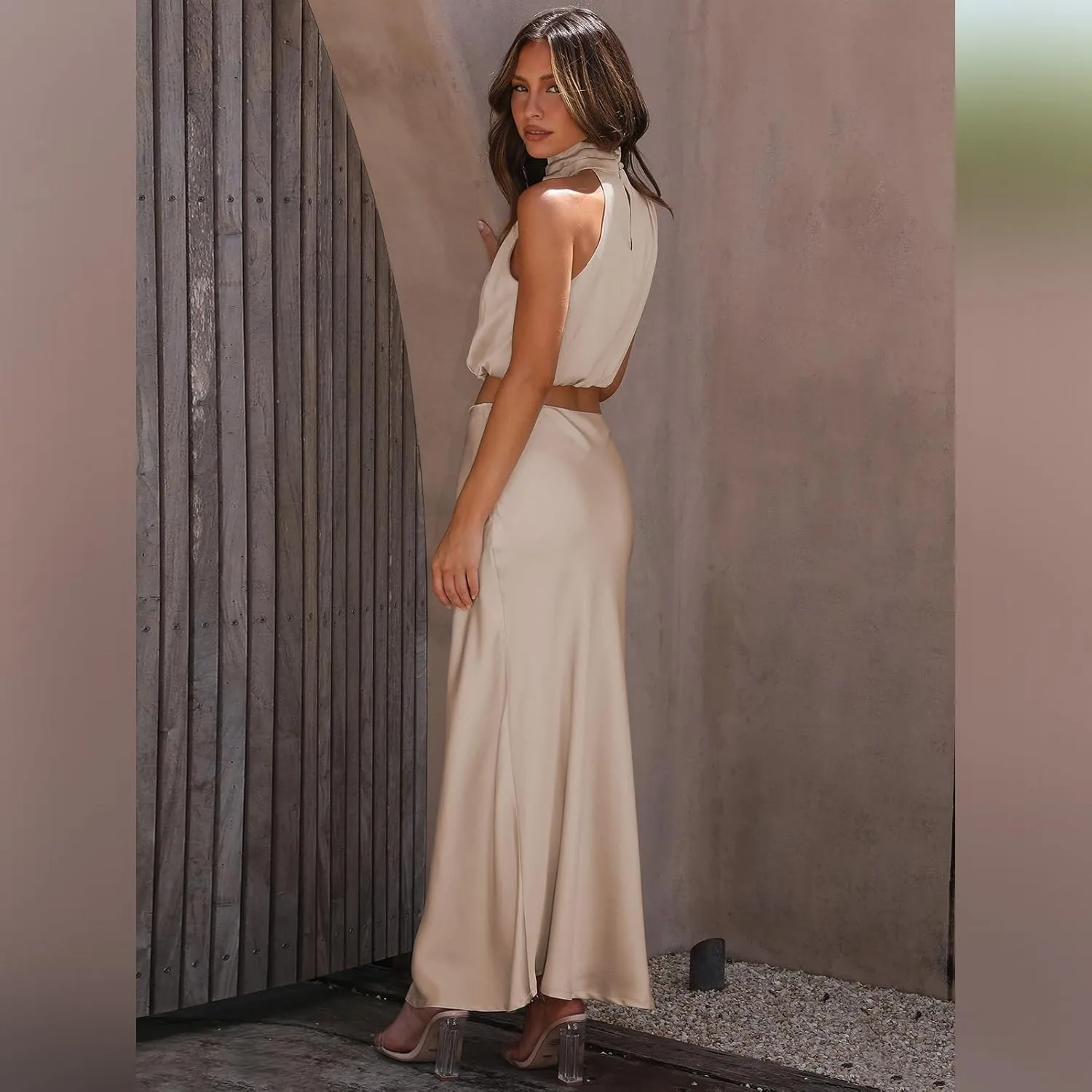 IDOPIP Womens Satin Top Long Skirt Dress Sets 2PCS Formal Cocktail Party Outfit Elegant Evening Prom Wedding Bridesmaid Gown