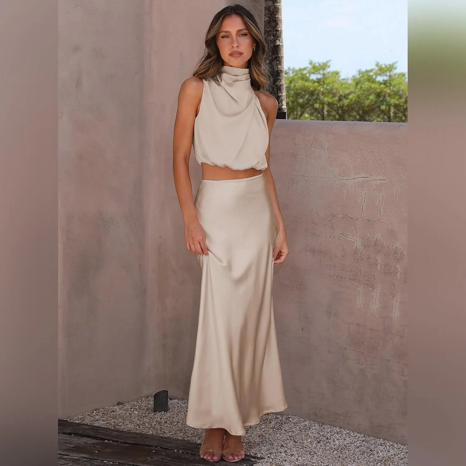 IDOPIP Womens Satin Top Long Skirt Dress Sets 2PCS Formal Cocktail Party Outfit Elegant Evening Prom Wedding Bridesmaid Gown