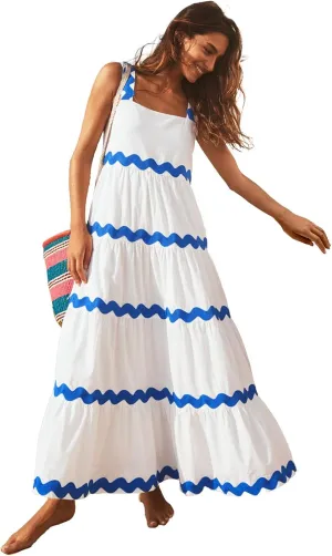 IDOPIP Women's Sleeveless Casual Tiered Dress Summer Flounce Long Maxi Dress Spaghetti Straps Loose Fit Sundress Outfit