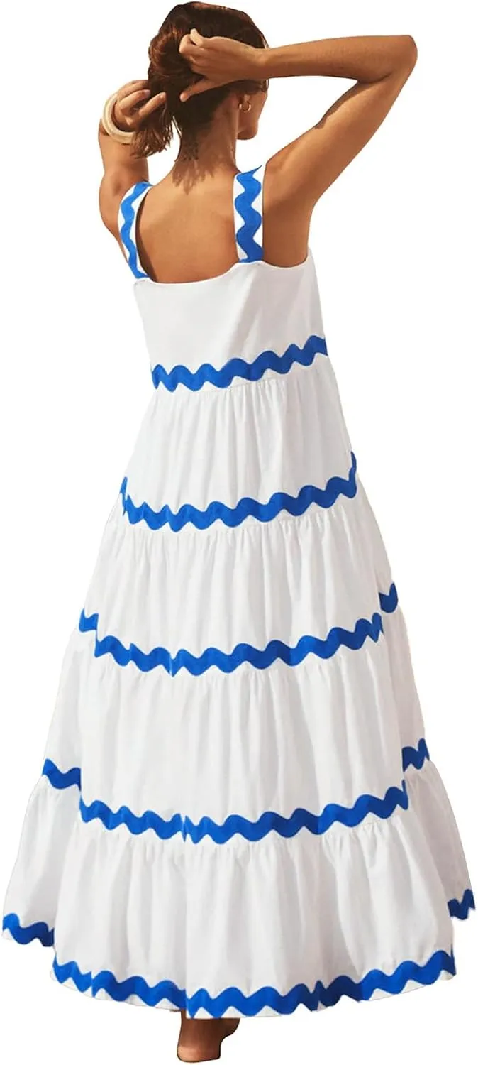 IDOPIP Women's Sleeveless Casual Tiered Dress Summer Flounce Long Maxi Dress Spaghetti Straps Loose Fit Sundress Outfit