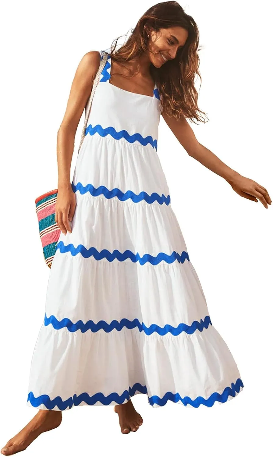 IDOPIP Women's Sleeveless Casual Tiered Dress Summer Flounce Long Maxi Dress Spaghetti Straps Loose Fit Sundress Outfit
