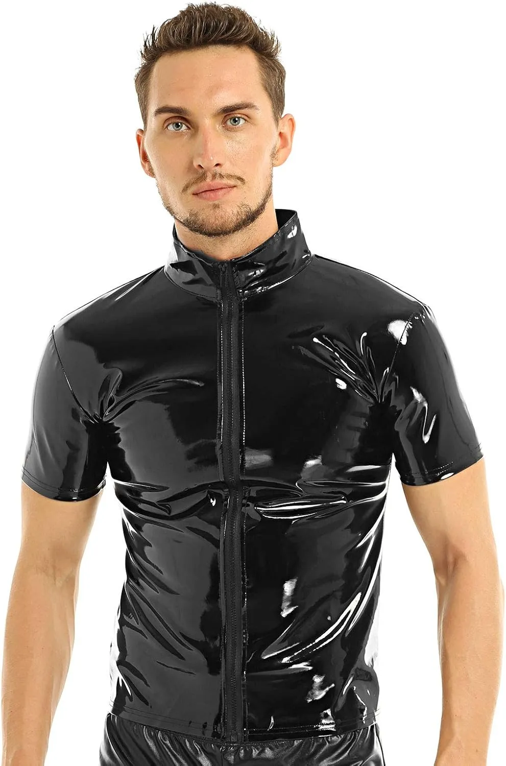 iEFiEL Men Wet Look Patent Leather Stand Collar Long Sleeve/Sleeveless T-Shirt Tops Metallic Front Zipper Jacket Coat