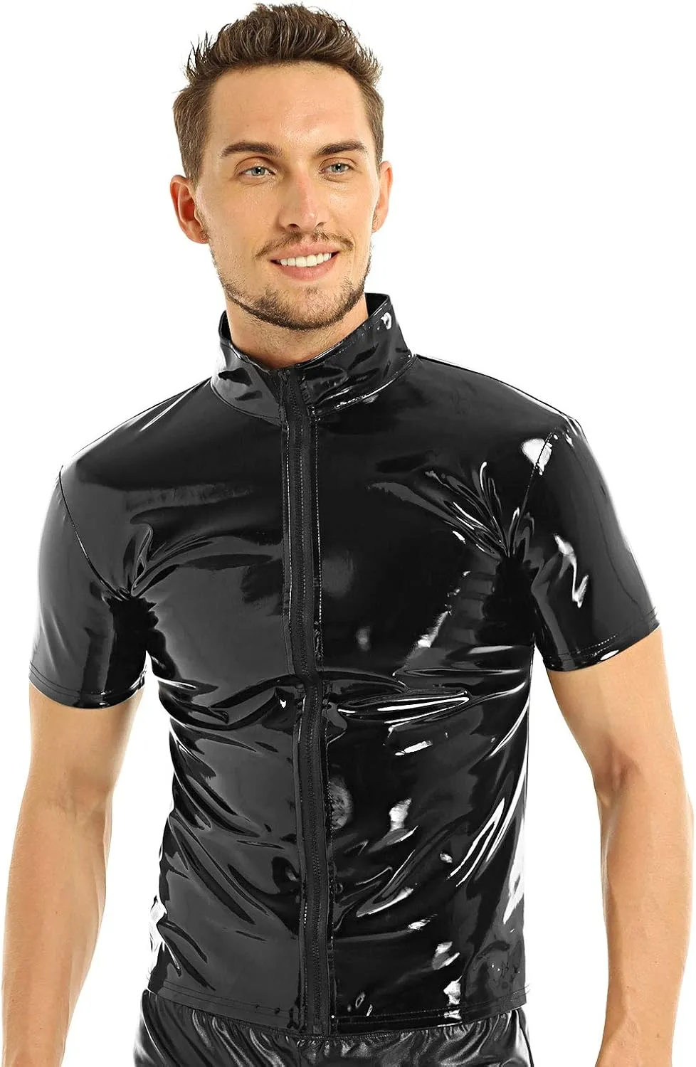 iEFiEL Men Wet Look Patent Leather Stand Collar Long Sleeve/Sleeveless T-Shirt Tops Metallic Front Zipper Jacket Coat