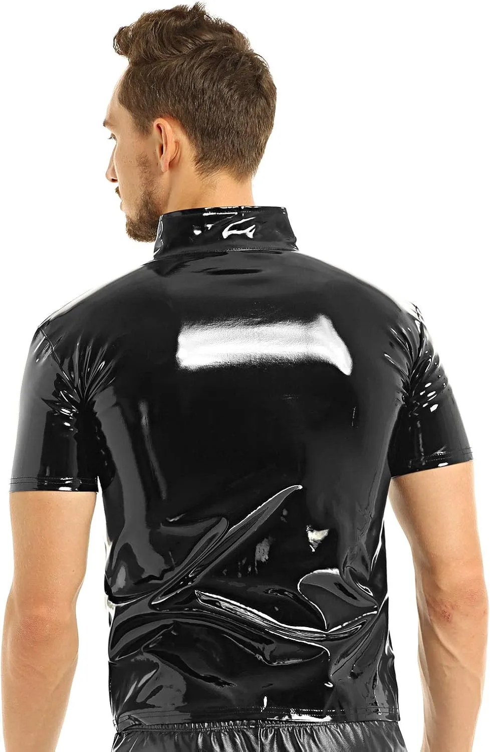 iEFiEL Men Wet Look Patent Leather Stand Collar Long Sleeve/Sleeveless T-Shirt Tops Metallic Front Zipper Jacket Coat