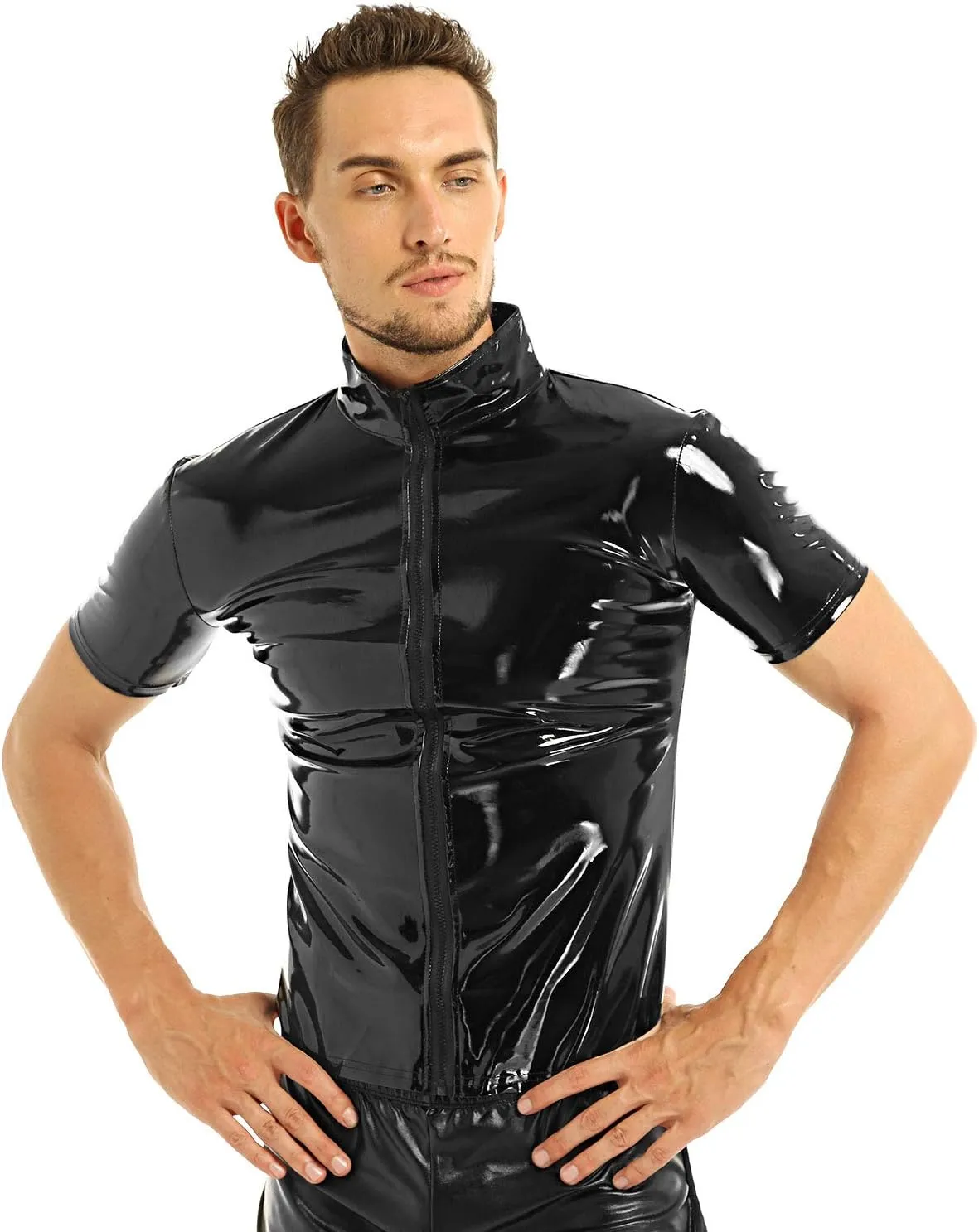 iEFiEL Men Wet Look Patent Leather Stand Collar Long Sleeve/Sleeveless T-Shirt Tops Metallic Front Zipper Jacket Coat