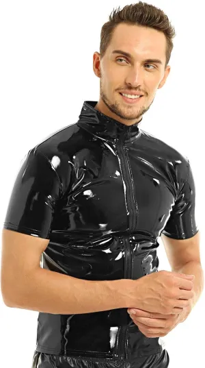 iEFiEL Men Wet Look Patent Leather Stand Collar Long Sleeve/Sleeveless T-Shirt Tops Metallic Front Zipper Jacket Coat