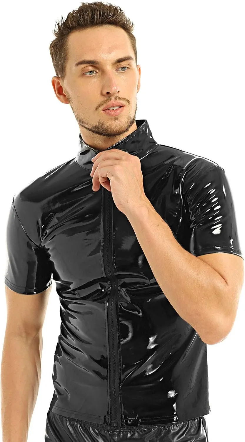 iEFiEL Men Wet Look Patent Leather Stand Collar Long Sleeve/Sleeveless T-Shirt Tops Metallic Front Zipper Jacket Coat
