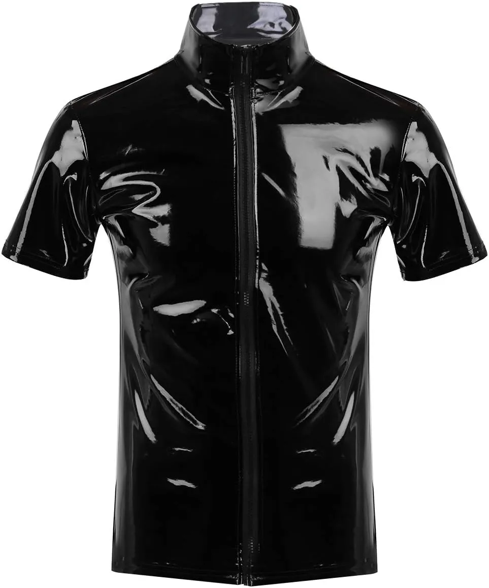 iEFiEL Men Wet Look Patent Leather Stand Collar Long Sleeve/Sleeveless T-Shirt Tops Metallic Front Zipper Jacket Coat