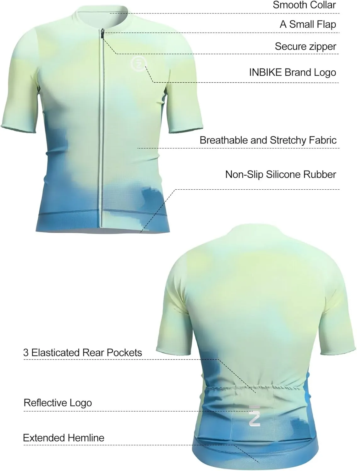 INBIKE Breathable Cycling Jersey Men, Moisture Wicking Full Zipper Short Sleeve with 3 Rear Pockets Quick Dry Reflective