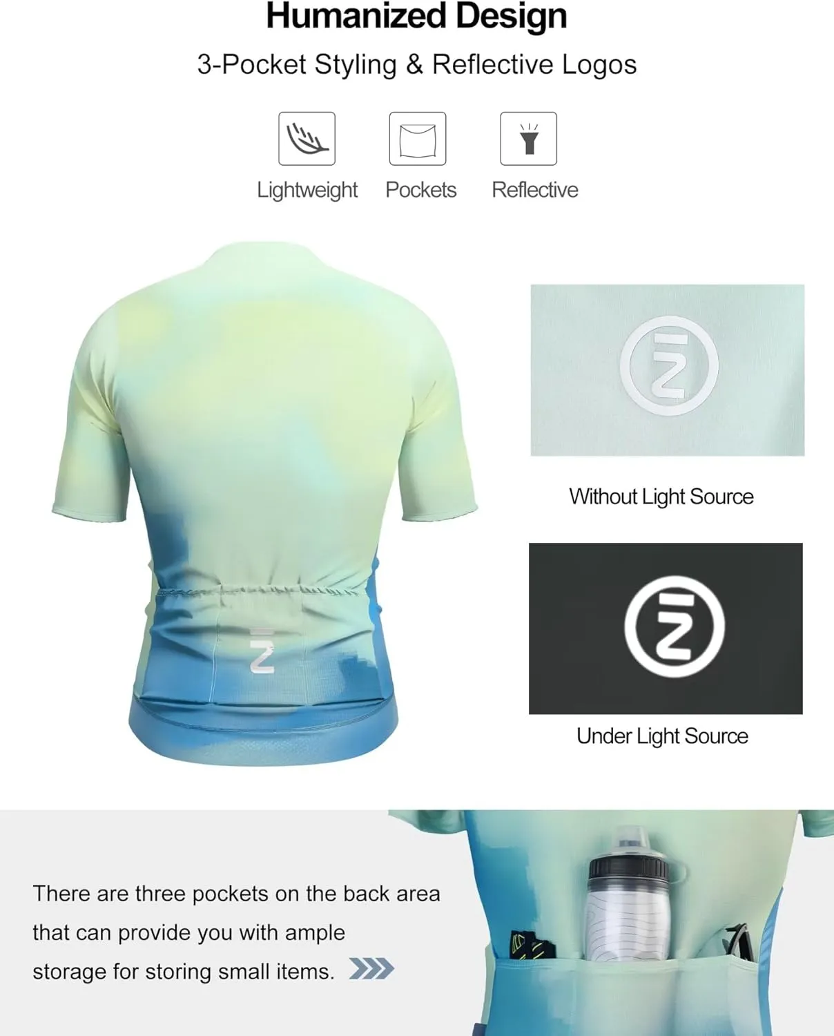 INBIKE Breathable Cycling Jersey Men, Moisture Wicking Full Zipper Short Sleeve with 3 Rear Pockets Quick Dry Reflective