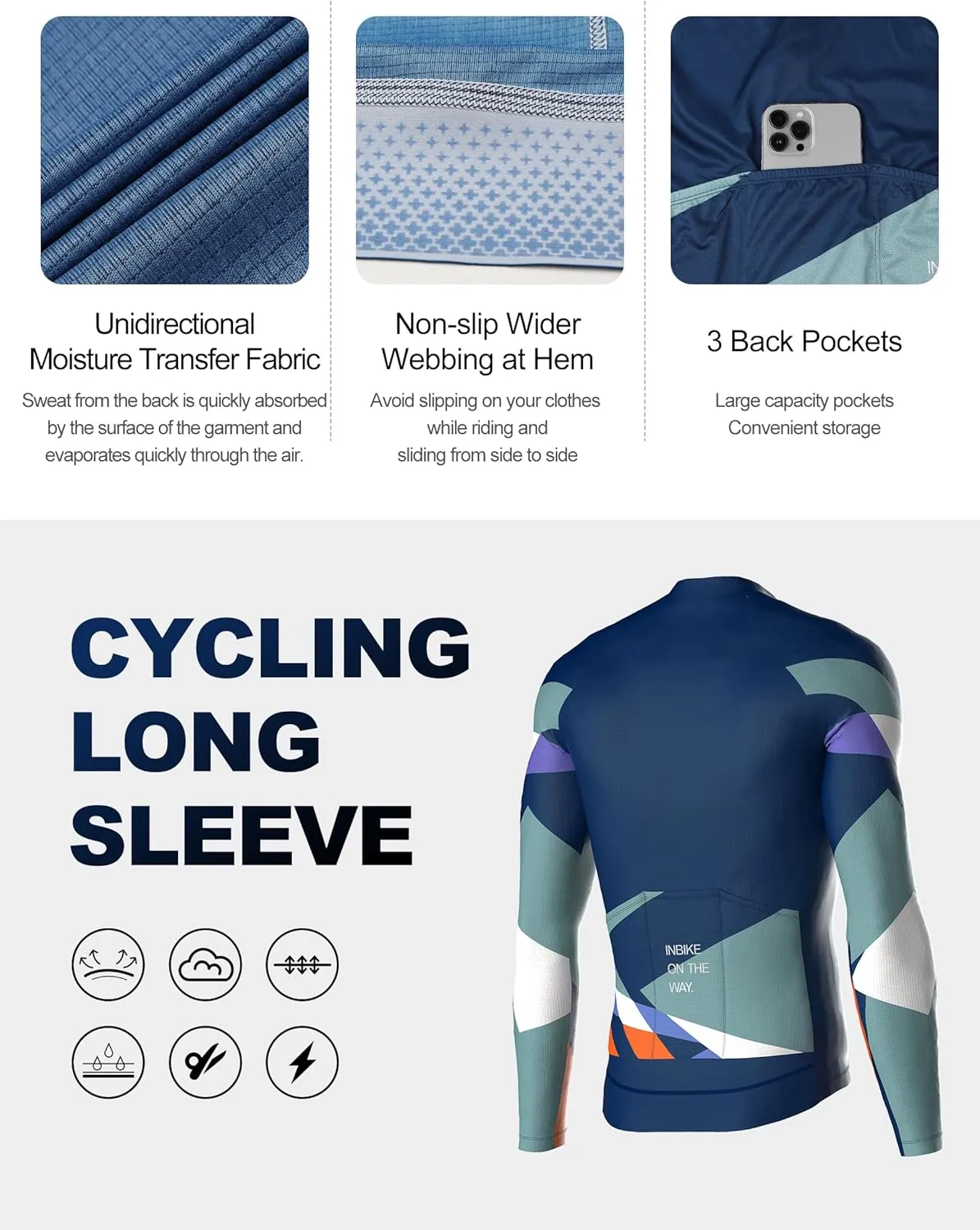INBIKE Cycling Jersey Long Sleeve Breathable and Quick Dry with 3 Rear Pockets Biking Shirt for Men and Women
