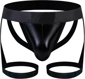 JEKE-DG Men's Faux Leather See Through Thong Hollow Out Erotic Boxer Briefs Low Rise Sexy Breathable Clubwear Underwear