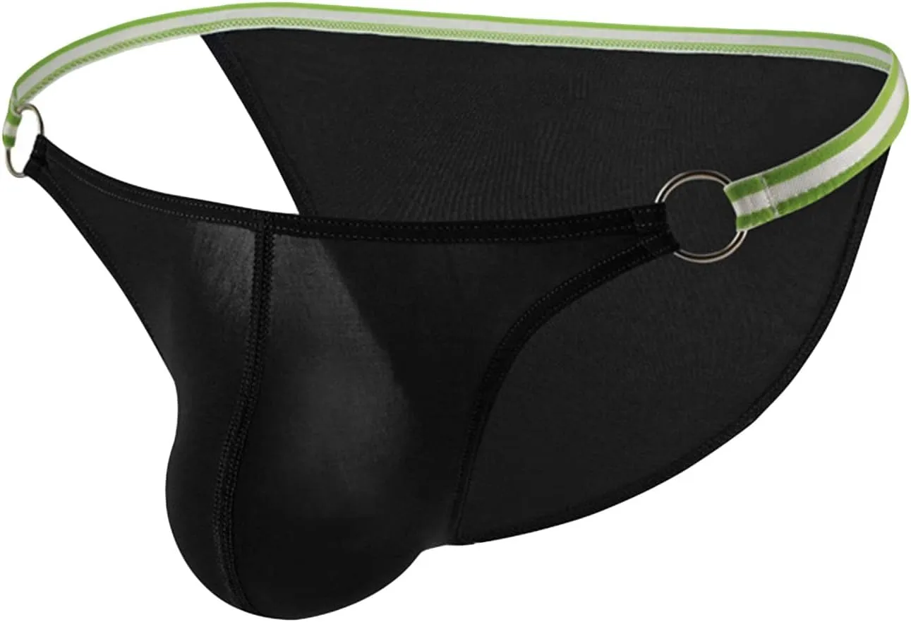 JEsilunmaMY Mens Breathable Bikini Briefs Ice Silk Low Rise Bulge Pouch G-String Thongs Solid Color Stretch Hollow Underwear (Black,Large)
