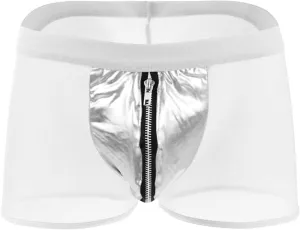 JEsilunmaMY Men's See Through Boxer Briefs Mid Rise Mesh Leather Underwear with Zip Pouch Breathable Under Panties Lingerie
