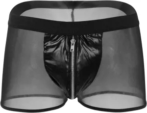 JEsilunmaMY Men's Zip Pouch Leather Boxers Mid Waist Mesh Sheer Breathable Underwear See Through Sexy Panties Boxer Briefs