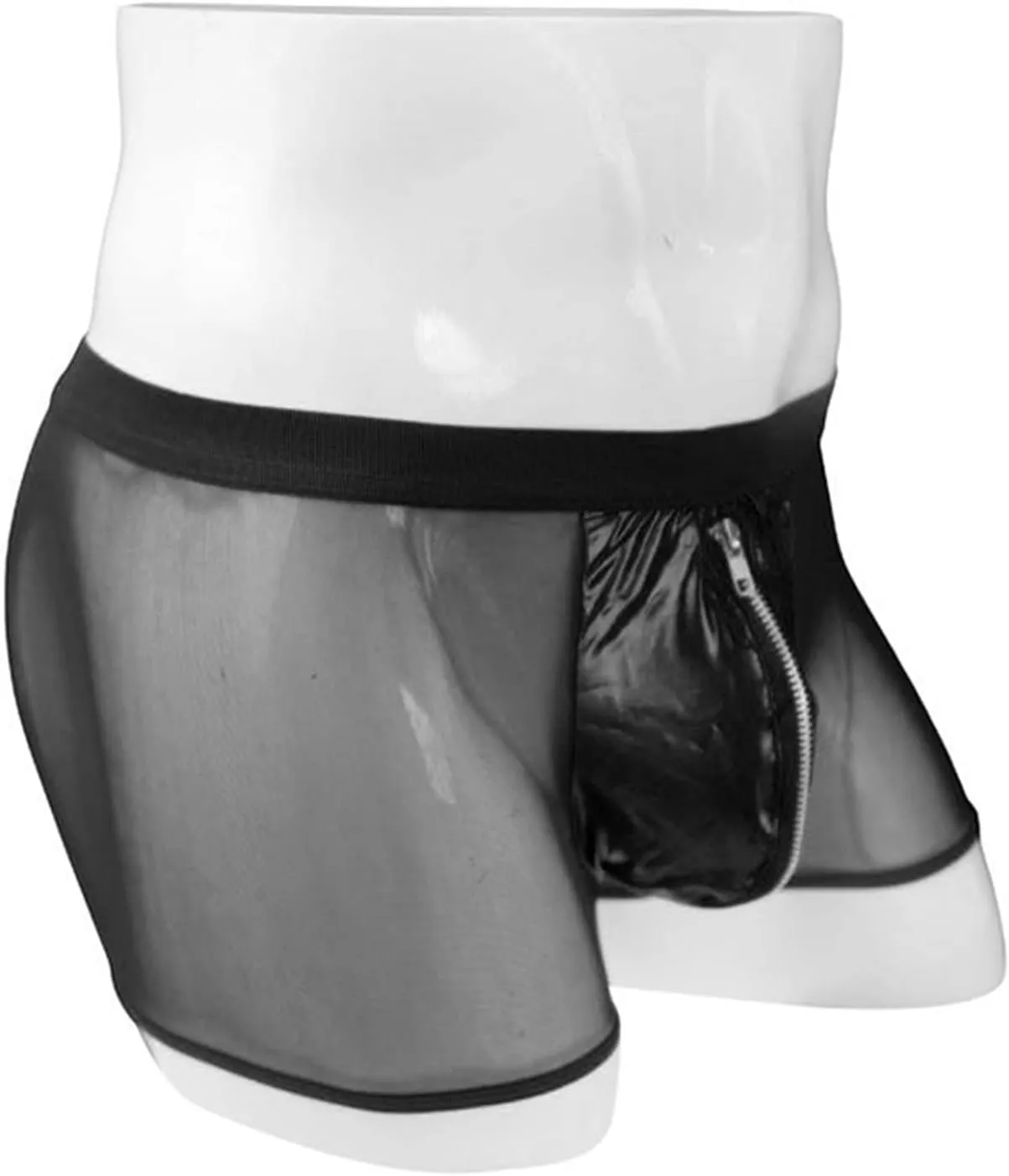 JEsilunmaMY Men's Zip Pouch Leather Boxers Mid Waist Mesh Sheer Breathable Underwear See Through Sexy Panties Boxer Briefs