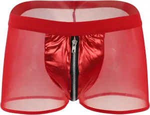 JEsilunmaMY Men's Zip Pouch Leather Boxers Mid Waist Mesh Sheer Breathable Underwear See Through Sexy Panties Boxer Briefs