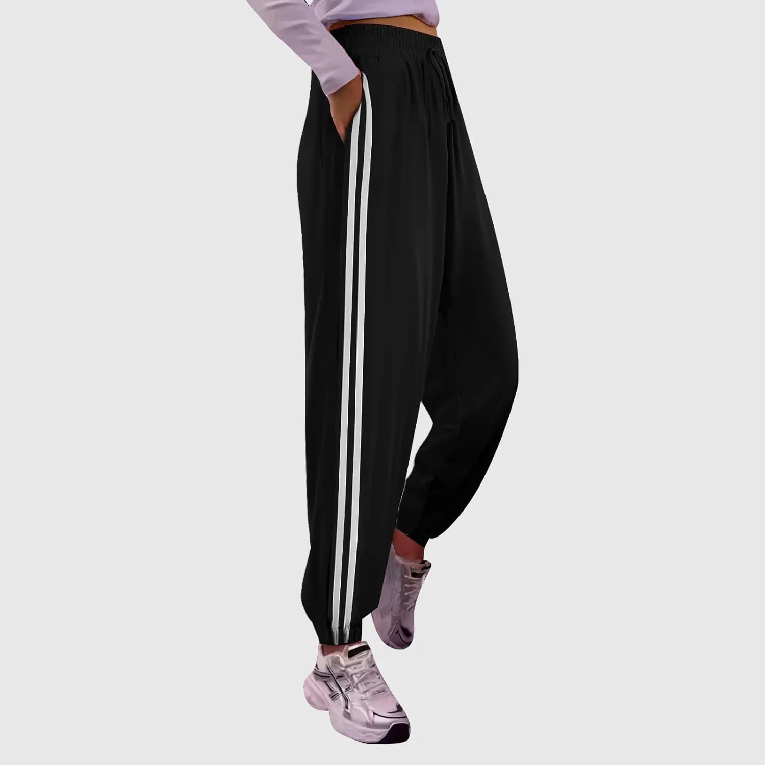 Joggers for Women Striped Casual Baggy Elastic Waist Hiking Athletic Pants Stretch Drawstring Trousers Sweatpants