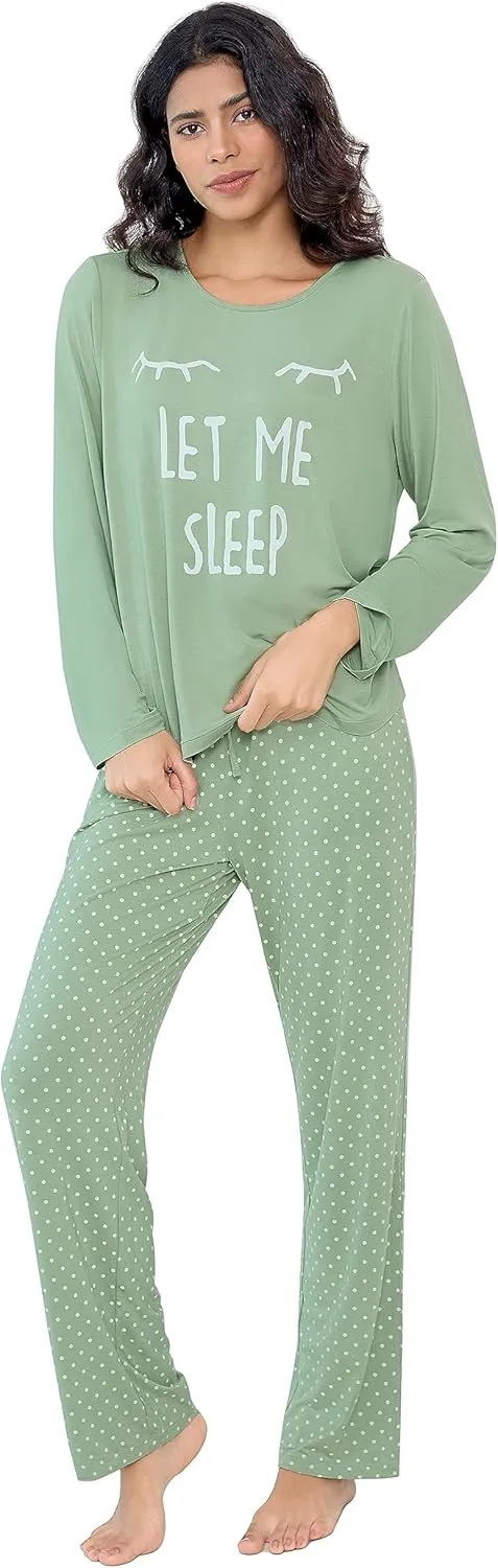 Joyaria Women's Bamboo Viscose Pajama Set - Ultra-Soft Breathable Long Sleeve Sleepwear Cute Printed Sleep Pant With Pocket