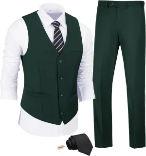 JPF Men's 2 Piece Slim Fit Suit Set, Solid Vest and Pants Suit for Men with Tie