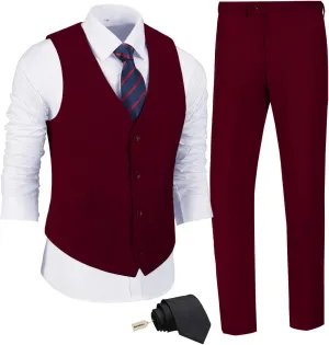 JPF Men's 2 Piece Slim Fit Suit Set, Solid Vest and Pants Suit for Men with Tie